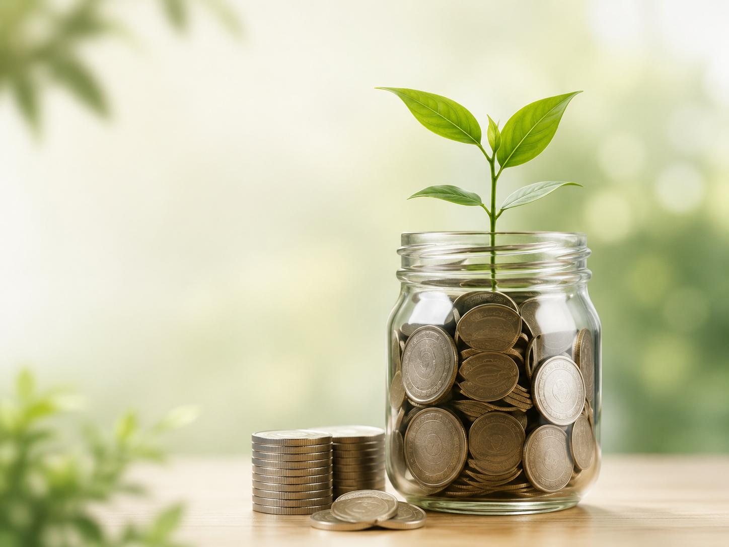 Savings growth with plant and coins